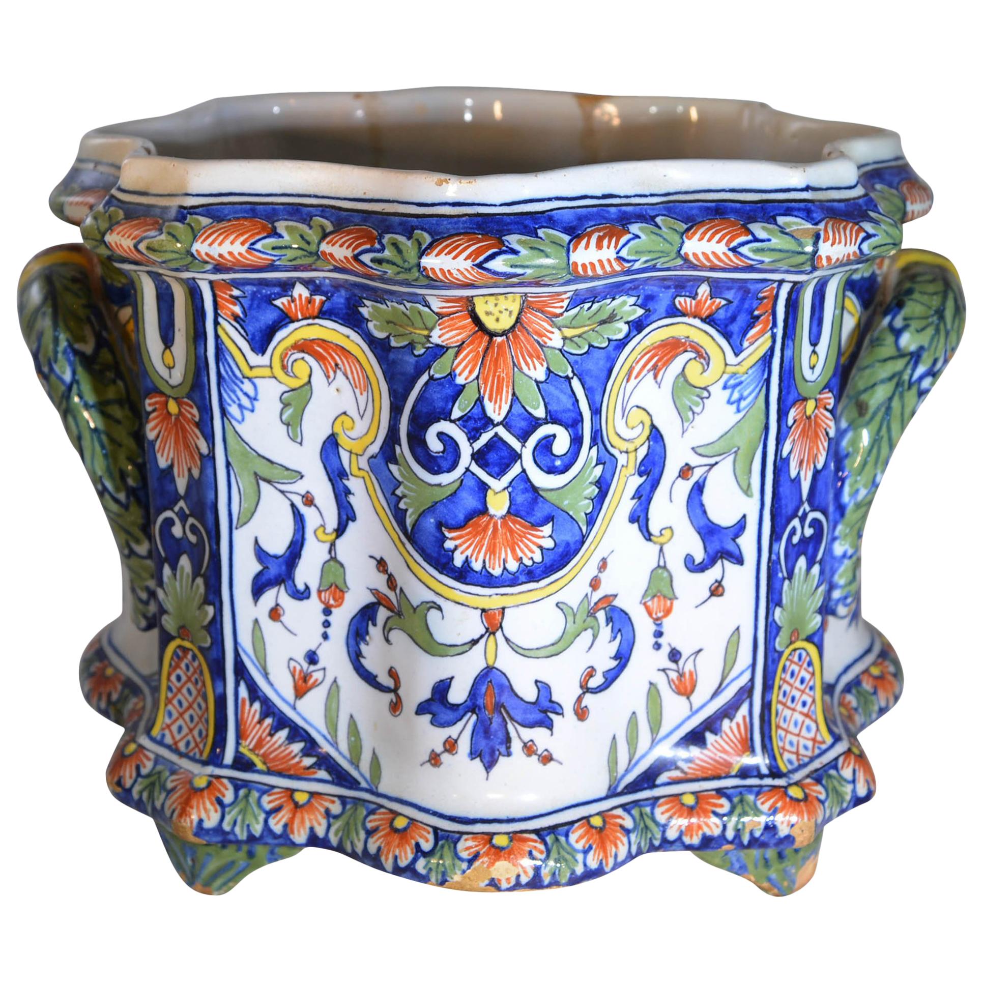 French Hand Painted Nevers Faience Cachepot Jardinière, circa 18th Century For Sale