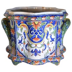 Antique French Hand Painted Nevers Faience Cachepot Jardinière, circa 18th Century