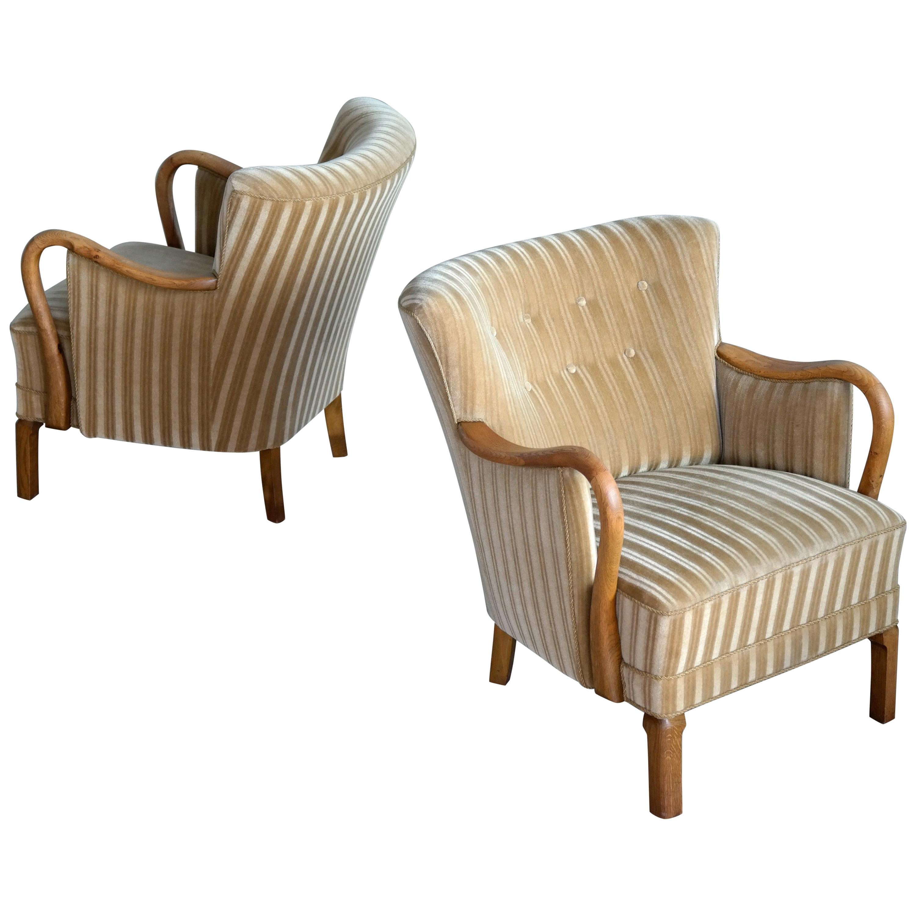 Pair of Viggo Boesen Attributed Danish Lounge Chairs in Oak and Mohair, 1940s