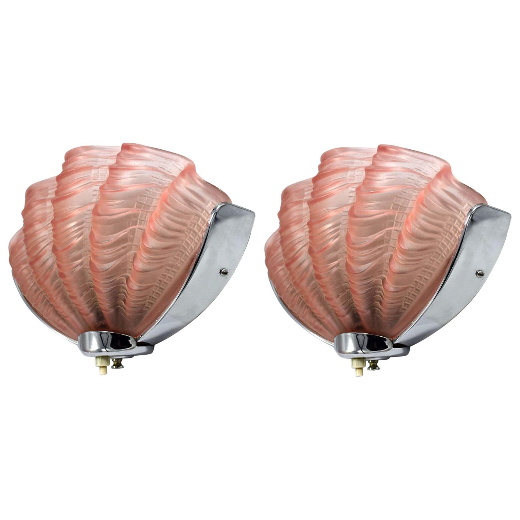 1930s Art Deco Soft Pink Pair of Matching Shell Wall Light Sconces