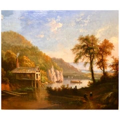 Antique Johann Gruenwald "Saw Mill Along Delaware River" 1850 Oil on Canvas