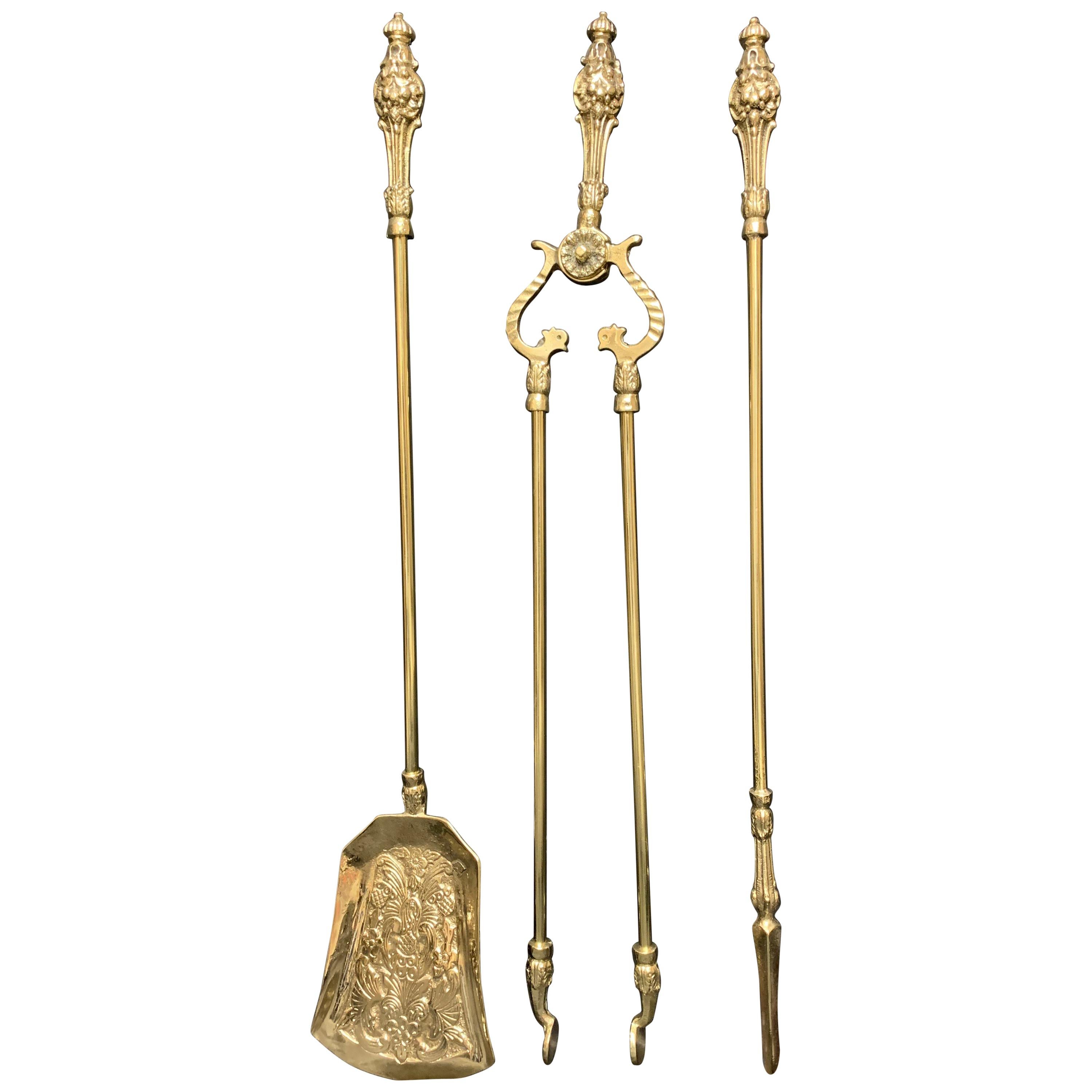 19th Century Victorian Polished Brass Fire Tools For Sale