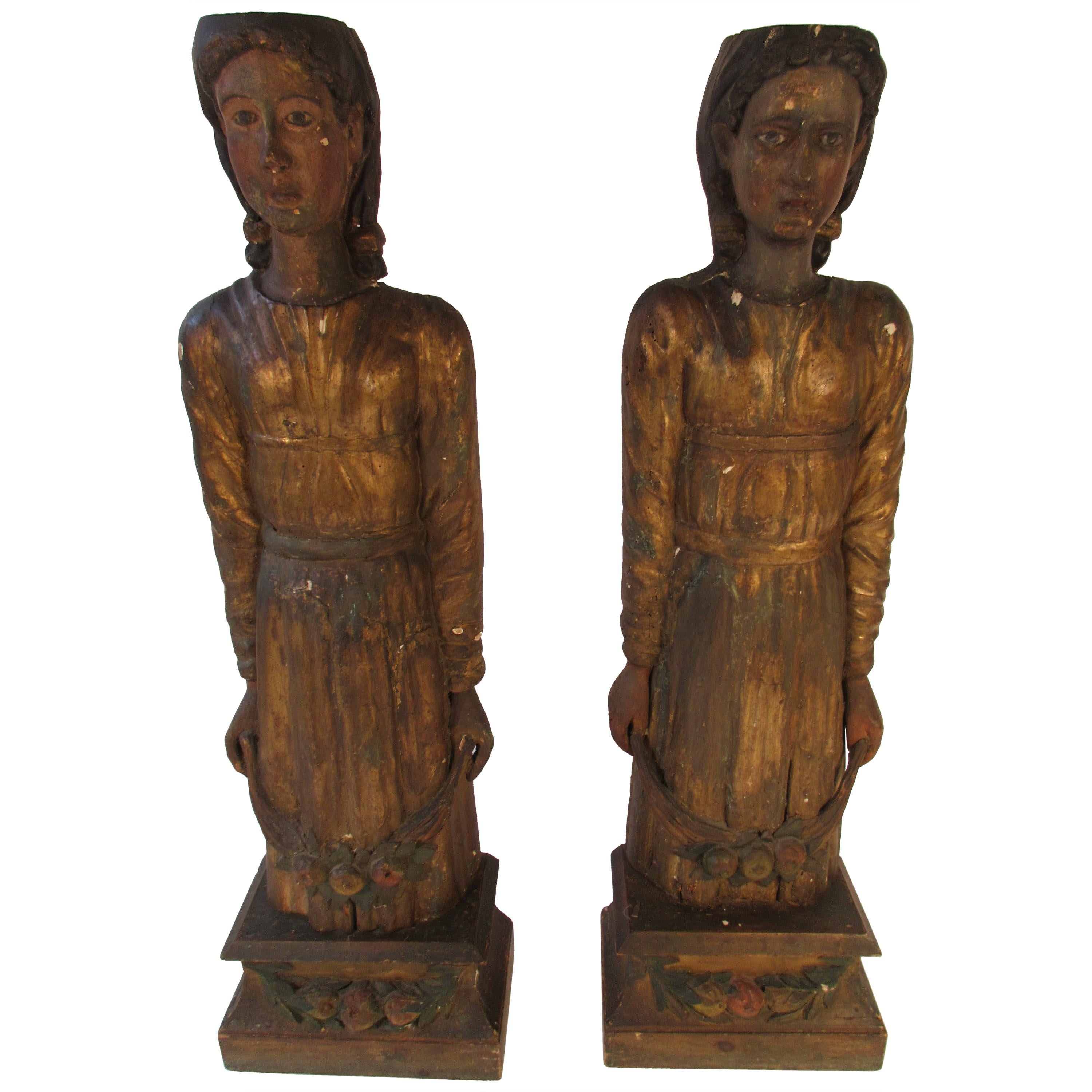 Pair of Large 1840s Venetian Wood Figures from an Italian Theatre
