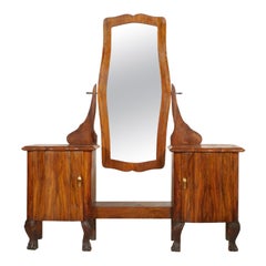 1910s Antique Vanity Art Nouveau with Original Beveled Mirror in Walnut and Burl