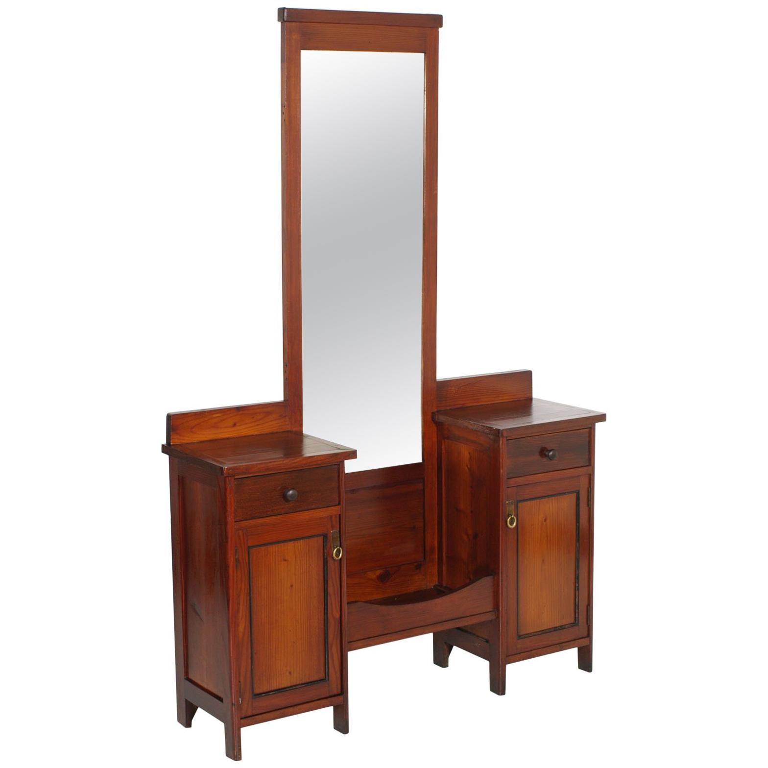 Antique Country Vanity, Entry Mirror with Cabinets, Pine , Wax Polished For Sale