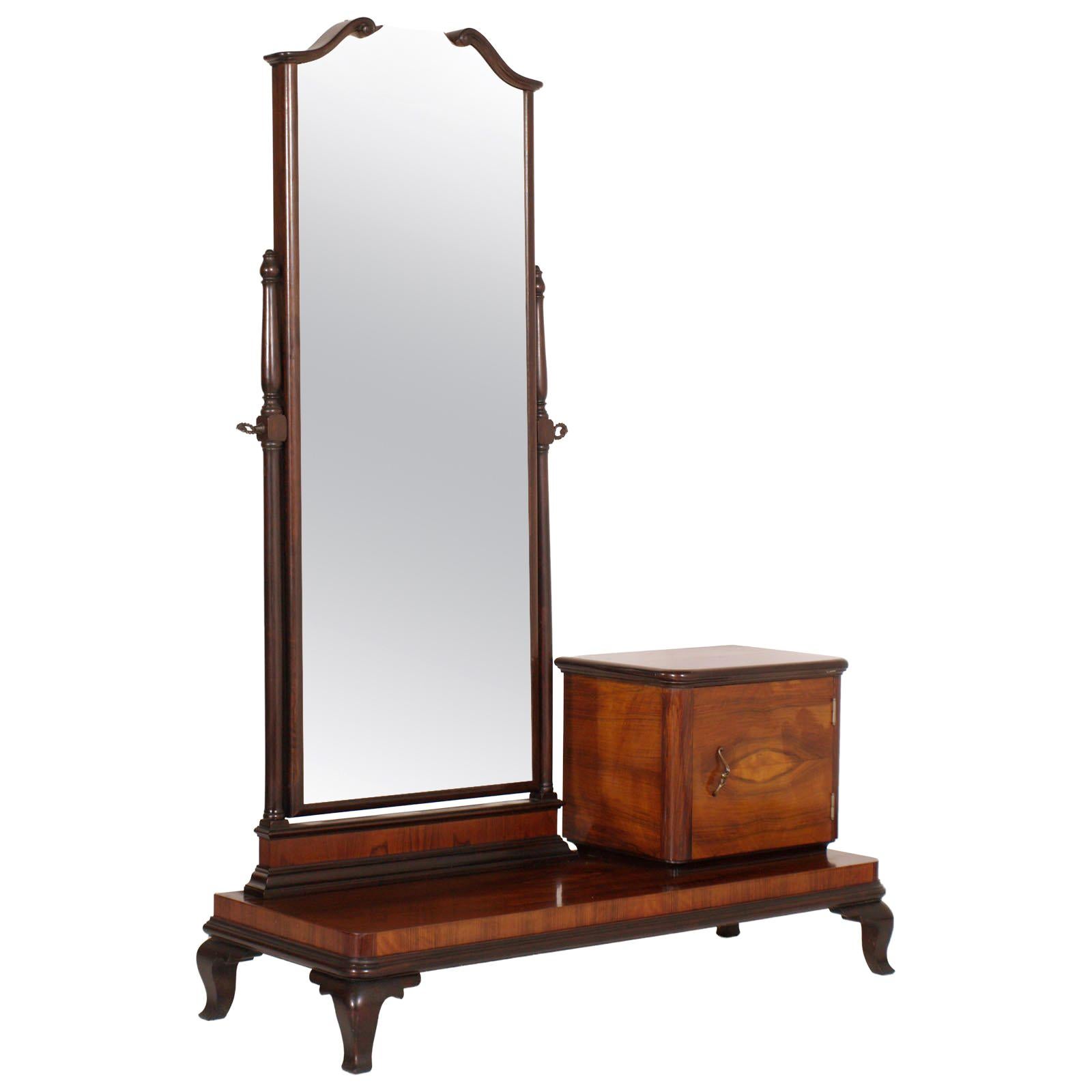 1900s Vanity Console Art Nouveau with Original Beveled Mirror in Walnut and Burl