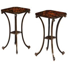 Pair of Early 19th C Regency Period Polychrome Floral Penwork Occasional Tables