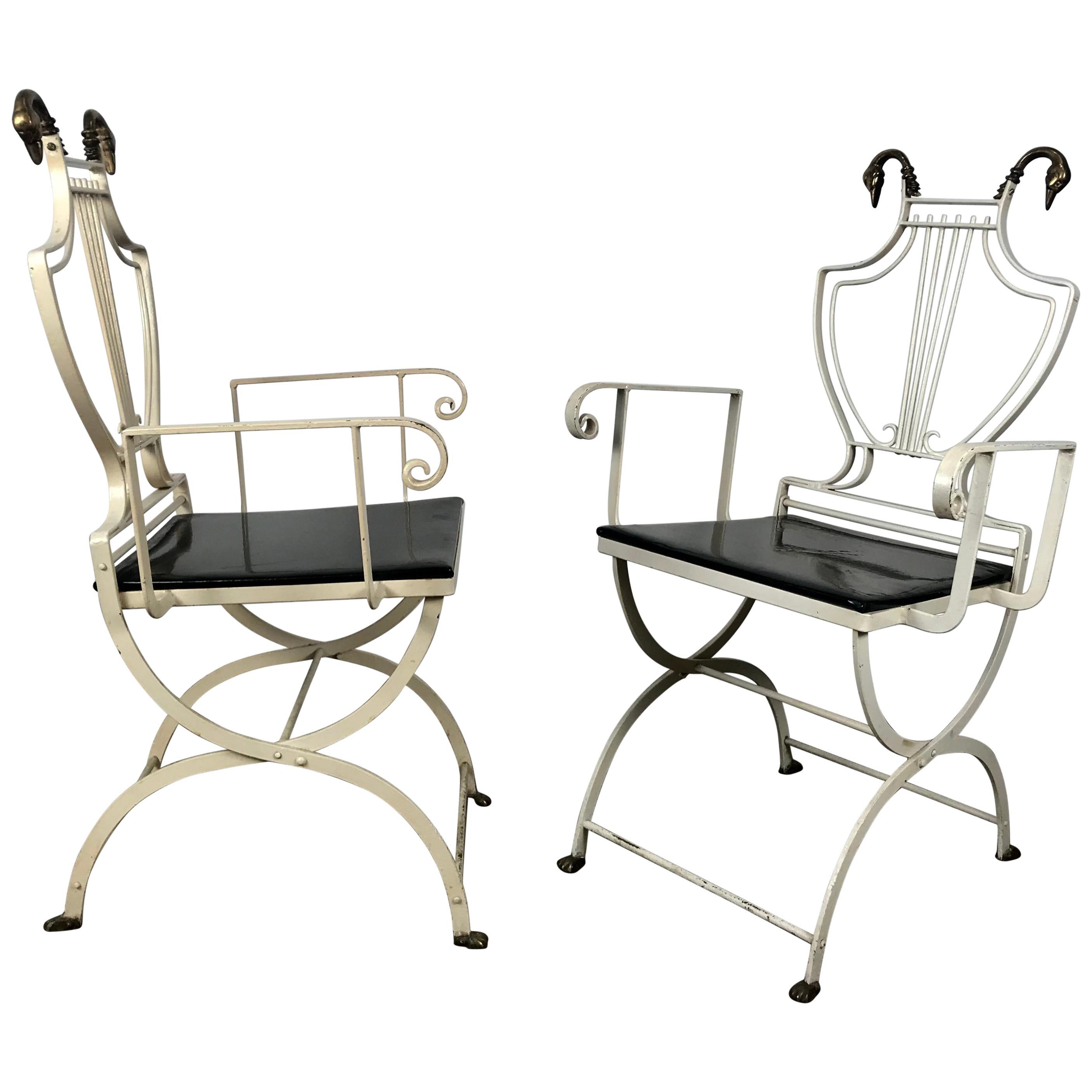 Pair of Iron and Brass Italian Lyre Back Armchairs with Swans, Grosfeld House