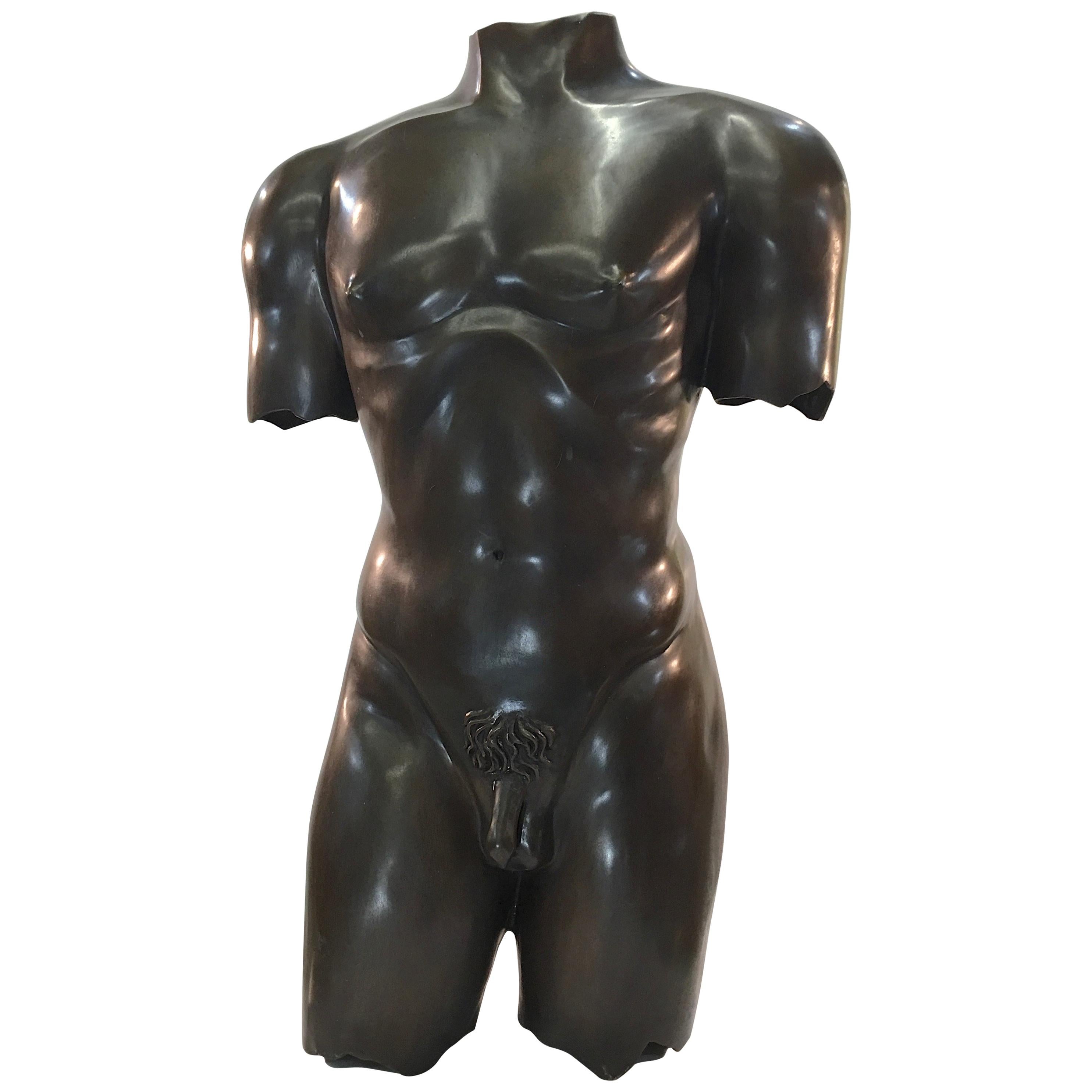 Life-Size Patinated Bronze Male Nude Torso Sculpture