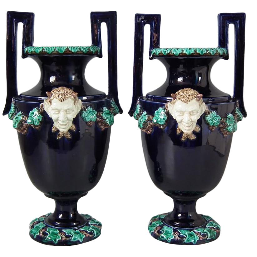 Pair of Hugo Lonitz Majolica Satyr Vases For Sale