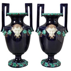 Antique Pair of Hugo Lonitz Majolica Satyr Vases