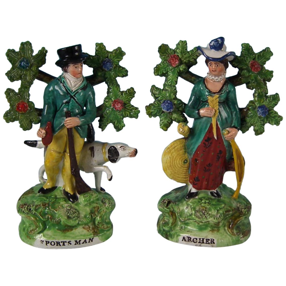 Pair of Pearlware Staffordshire 'Sports Man' & 'Archer' Figures