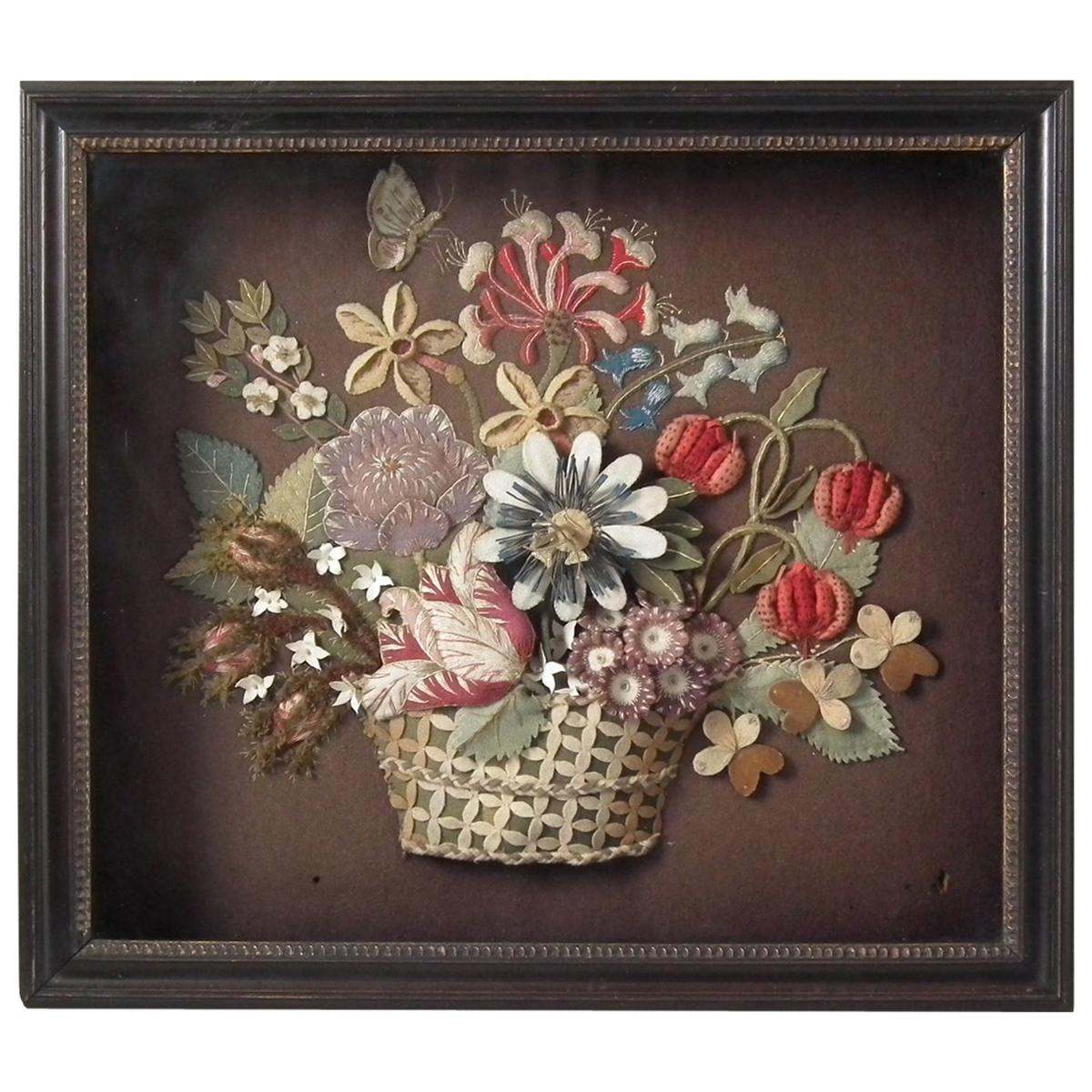 Flowerbasket Raisedwork Embroidery in Shadow Box Frame
