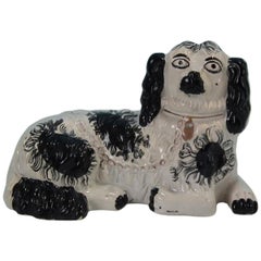 Antique Large Staffordshire Recumbent Black and White Spaniel