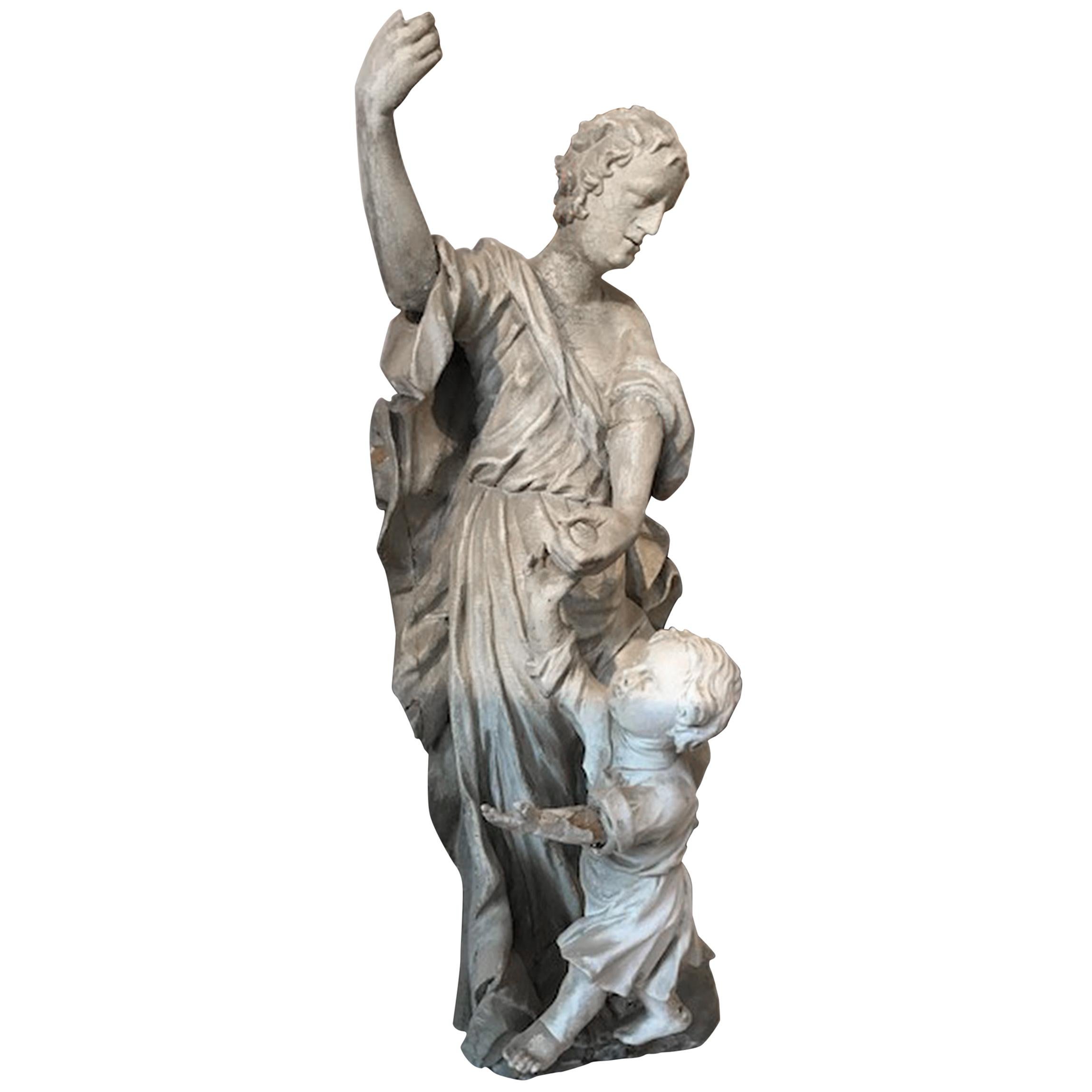 Baroque Statue Angel and Child Figure Stone and Wood For Sale