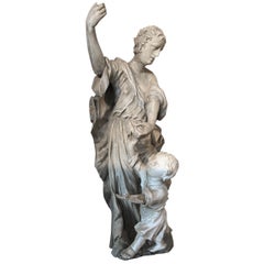 Baroque Statue Angel and Child Figure Stone and Wood