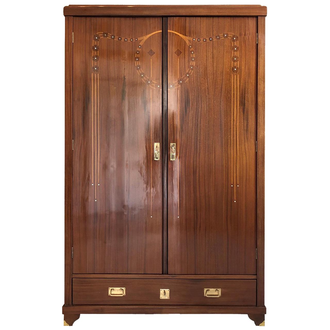 1920s Art Nouveau Wardrobe with Marquetry Made of Walnut For Sale