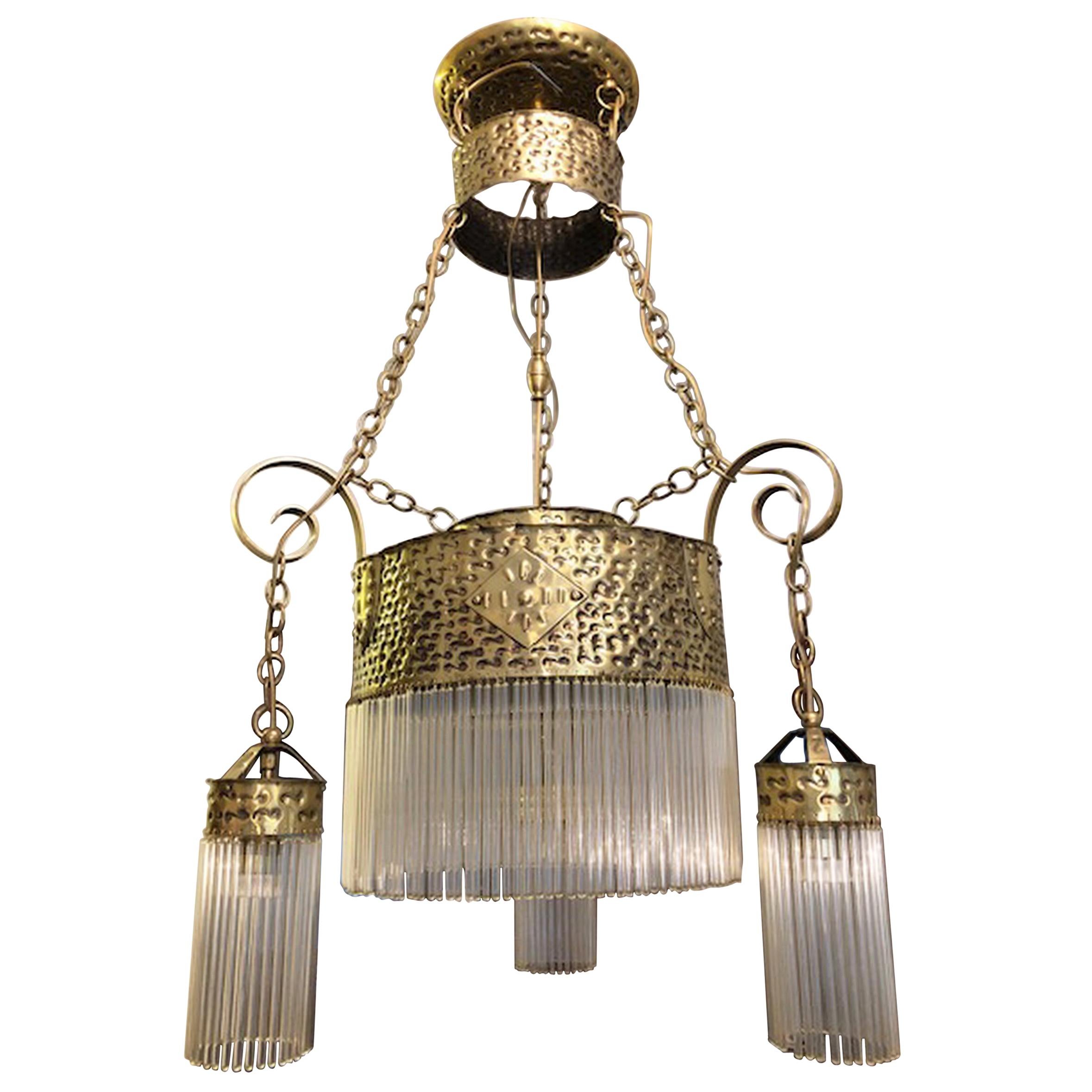 Original Art Deco Hanging Lamp Chandelier Brass with Glass Rods For Sale