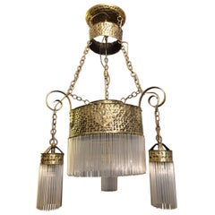 Original Art Deco Hanging Lamp Chandelier en laiton avec tiges en verre