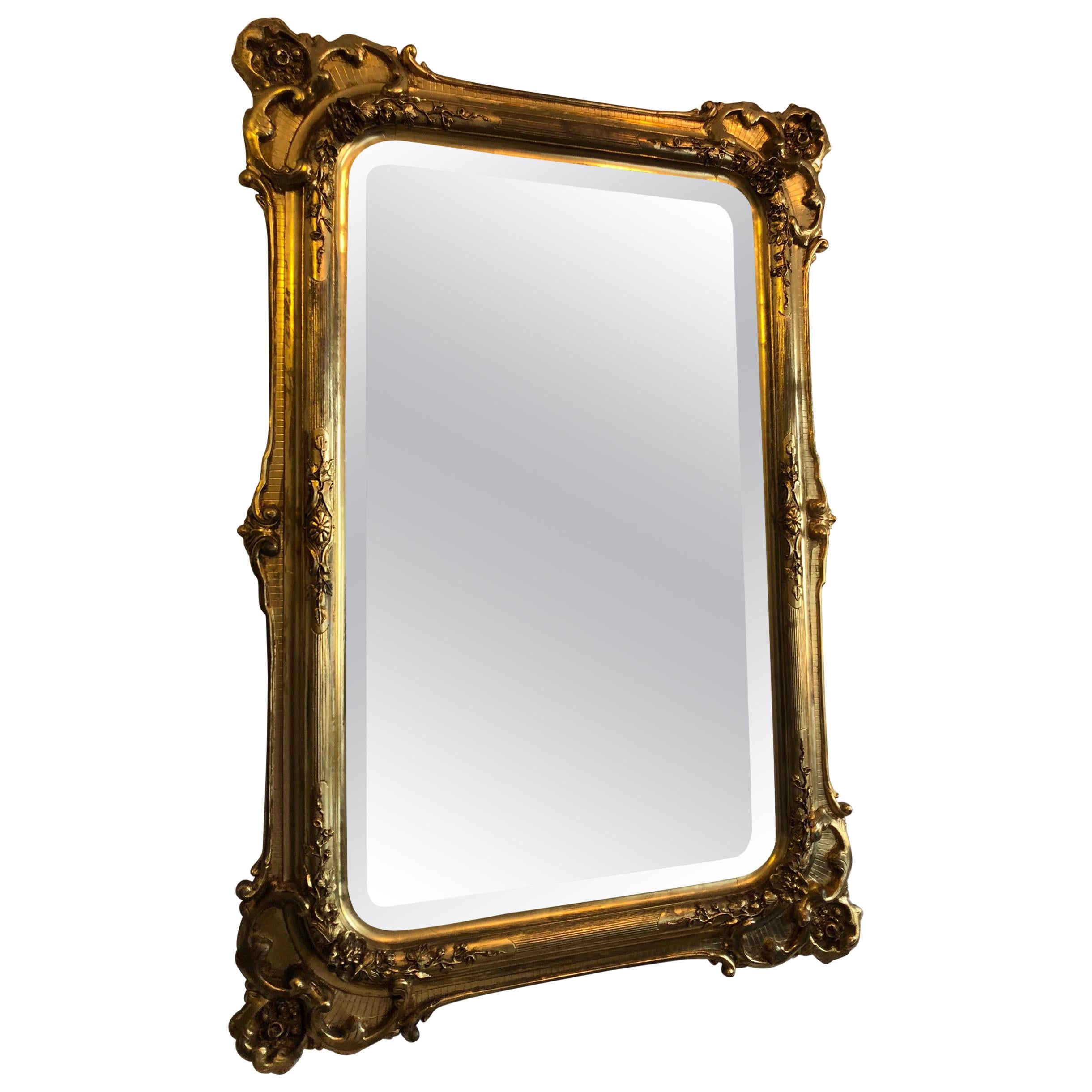 Original Florentine 1860s Antique Mirror, Wooden Gilded Frame For Sale