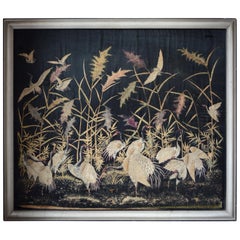 Large Antique Japonisme Hand Embroidery Silk Tapestry, Cranes, Japan, circa 1890