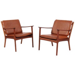 Pair of Ole Wanscher Lounge Chairs, Model PJ112, Cognac Aniline Leather