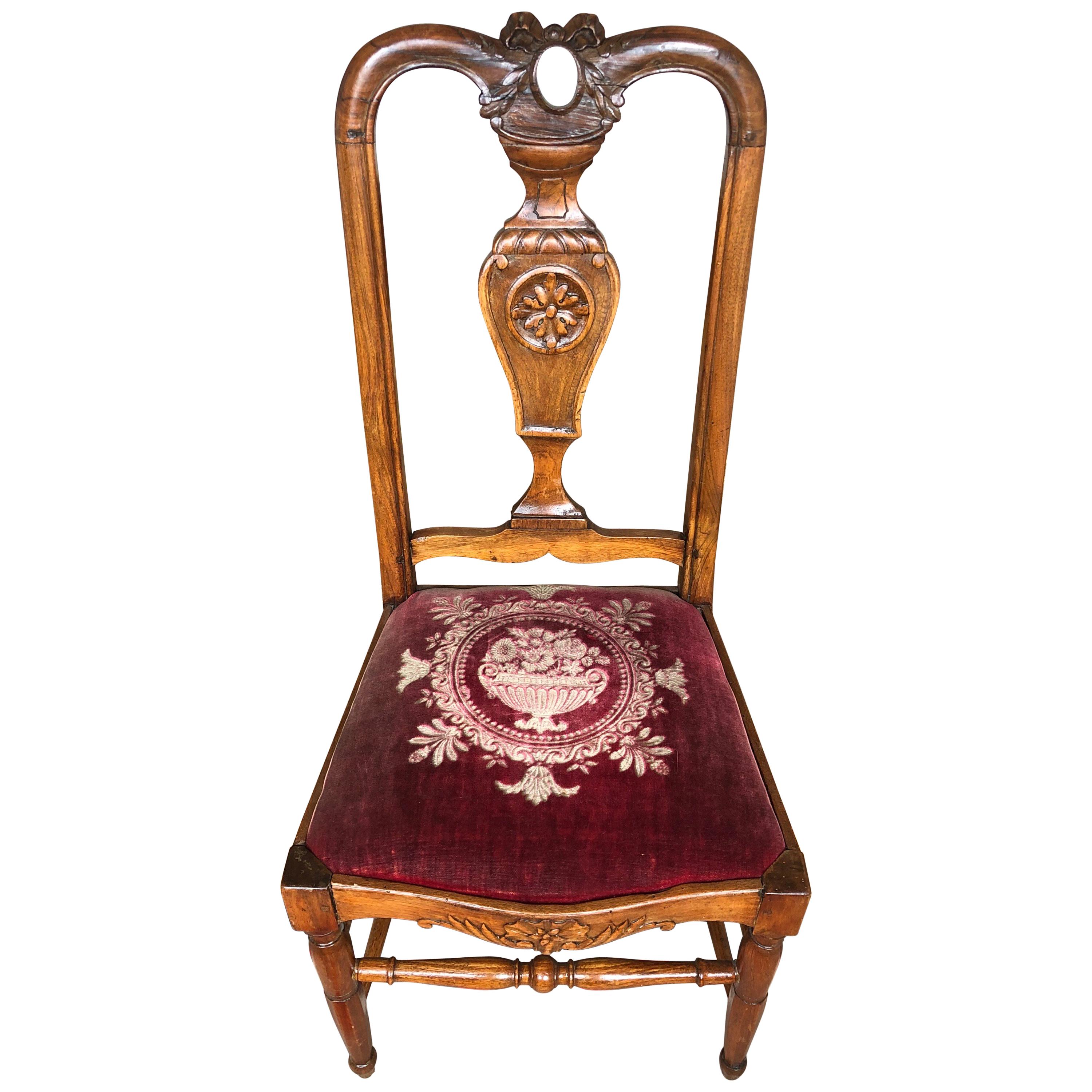 Napoleon III Empire Carved Walnut Side Chair Velvet Red Seat, France SALE 