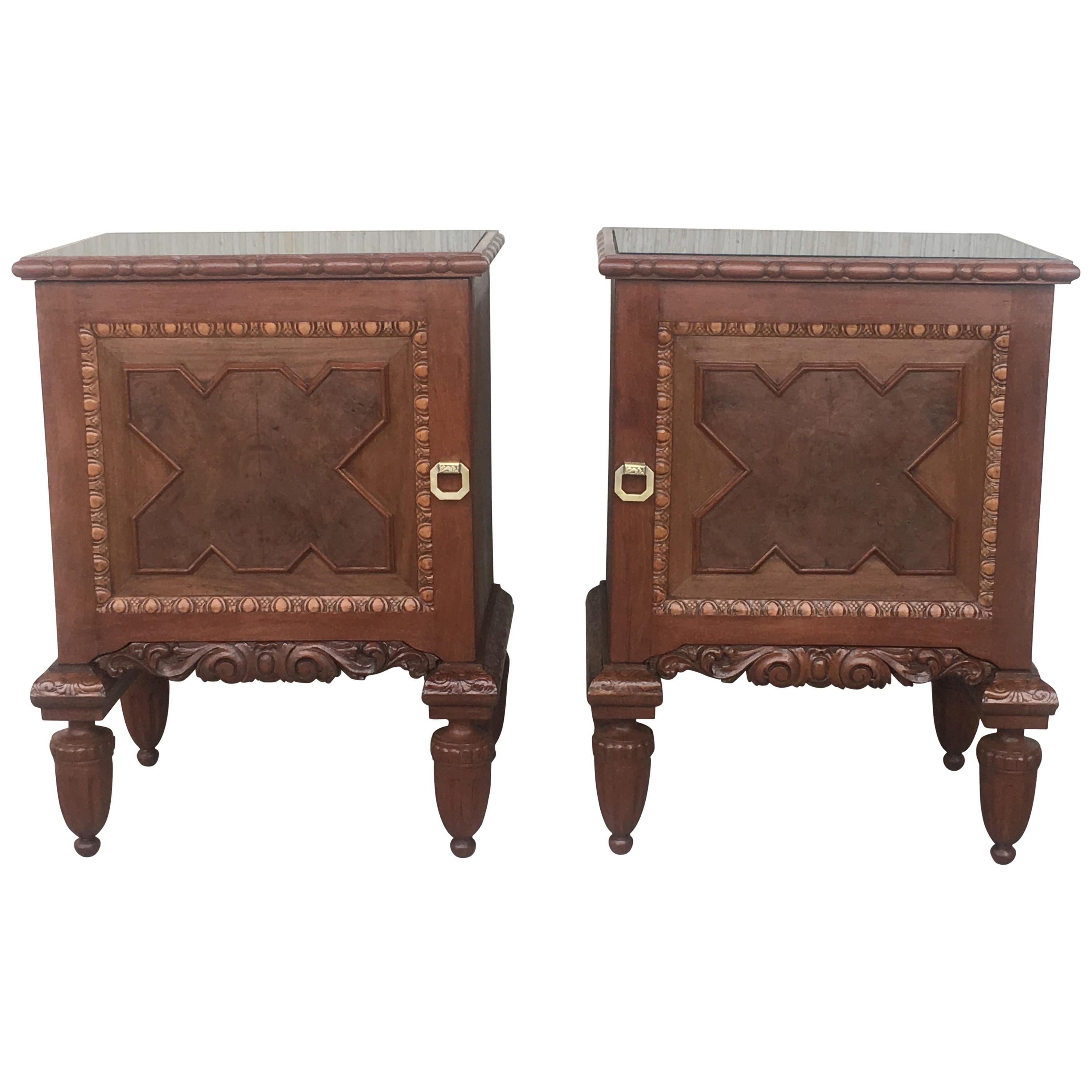 Pair of French Art Deco Heavily Hand Carved Bedside Tables Nightstands, 1920s