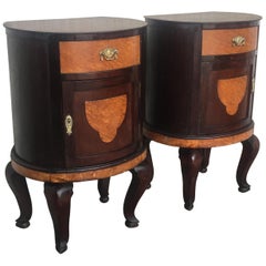 Art Deco Style Marquetry Nightstands with Metal and Mirror Crest, Pair