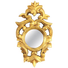 Spanish 1930s Rococo Style Carved Giltwood Round Mirror Miniature