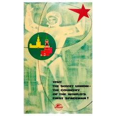 Original Vintage Soviet Intourist Travel Poster Ft Moscow Gagarin Space Design