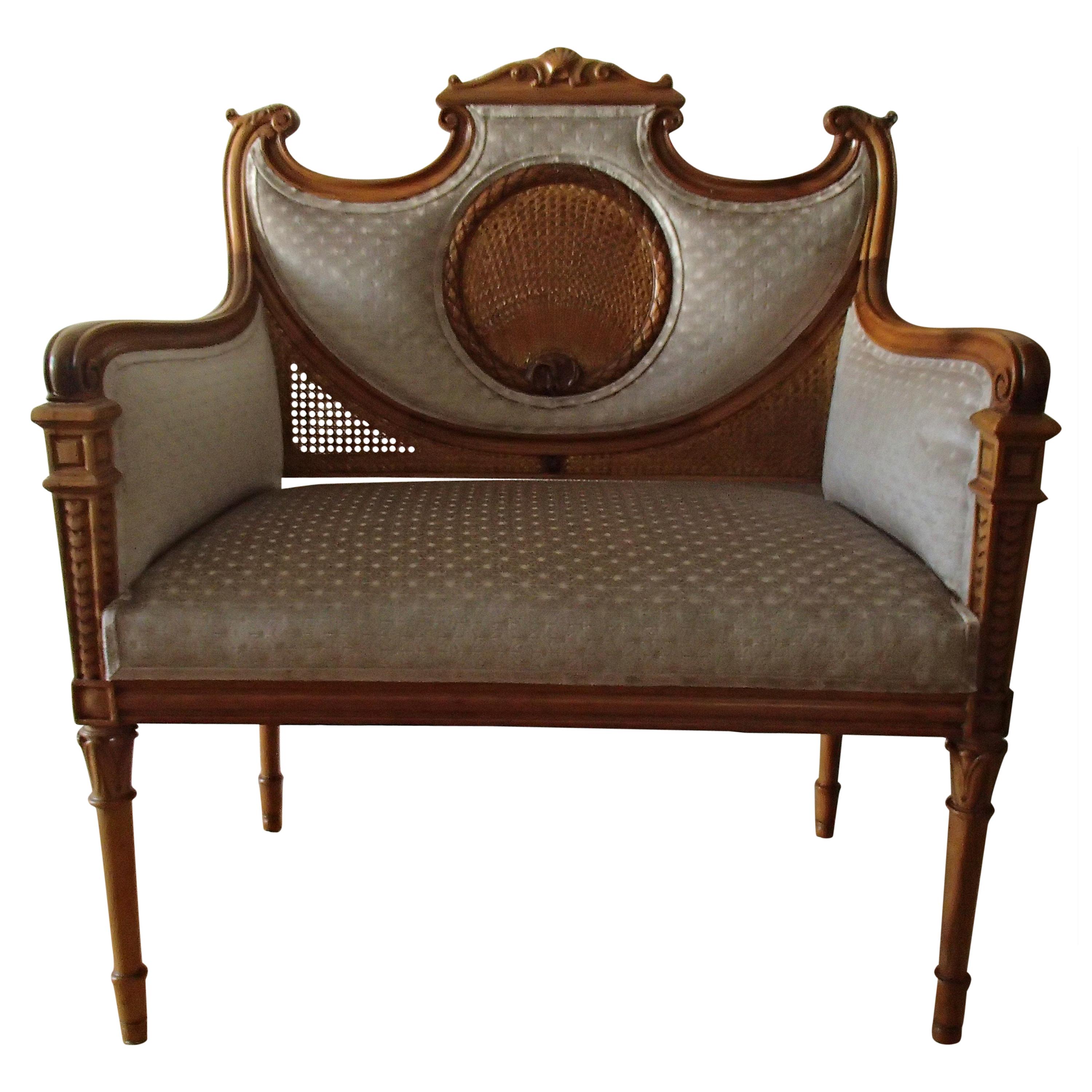 Small Louis XV Sofa Walnut and Pale Beige Velvet Golden Wickerwork