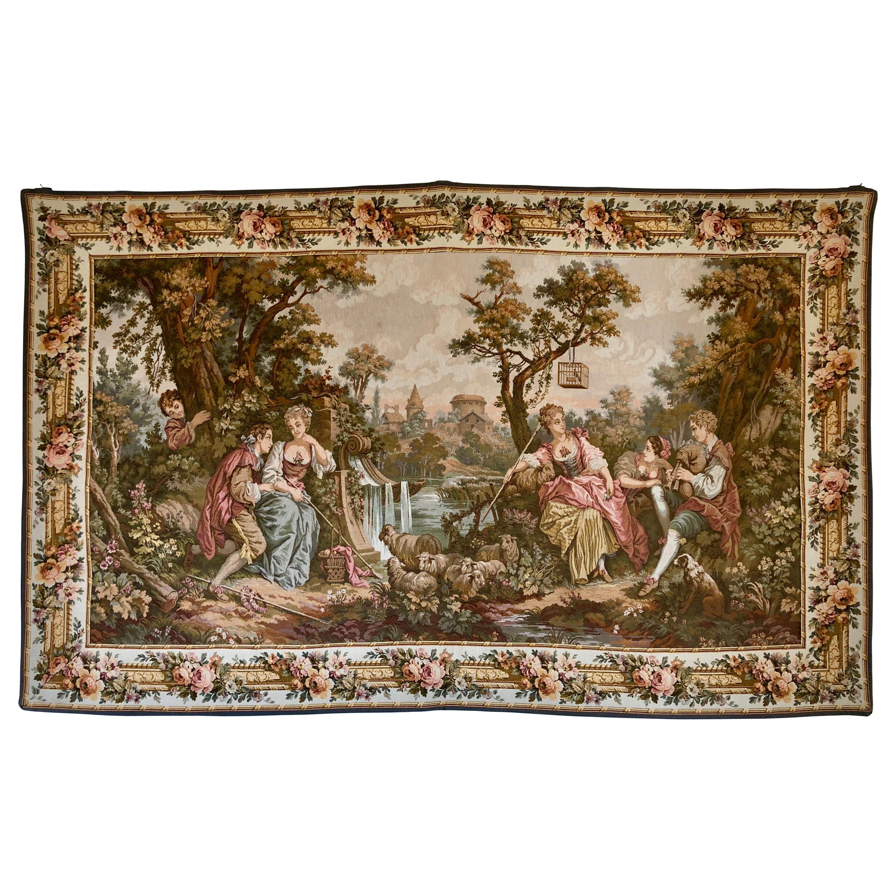 Large Louis-XVI Aubusson Style Machine Made Romantic Tapestry, 20th Century