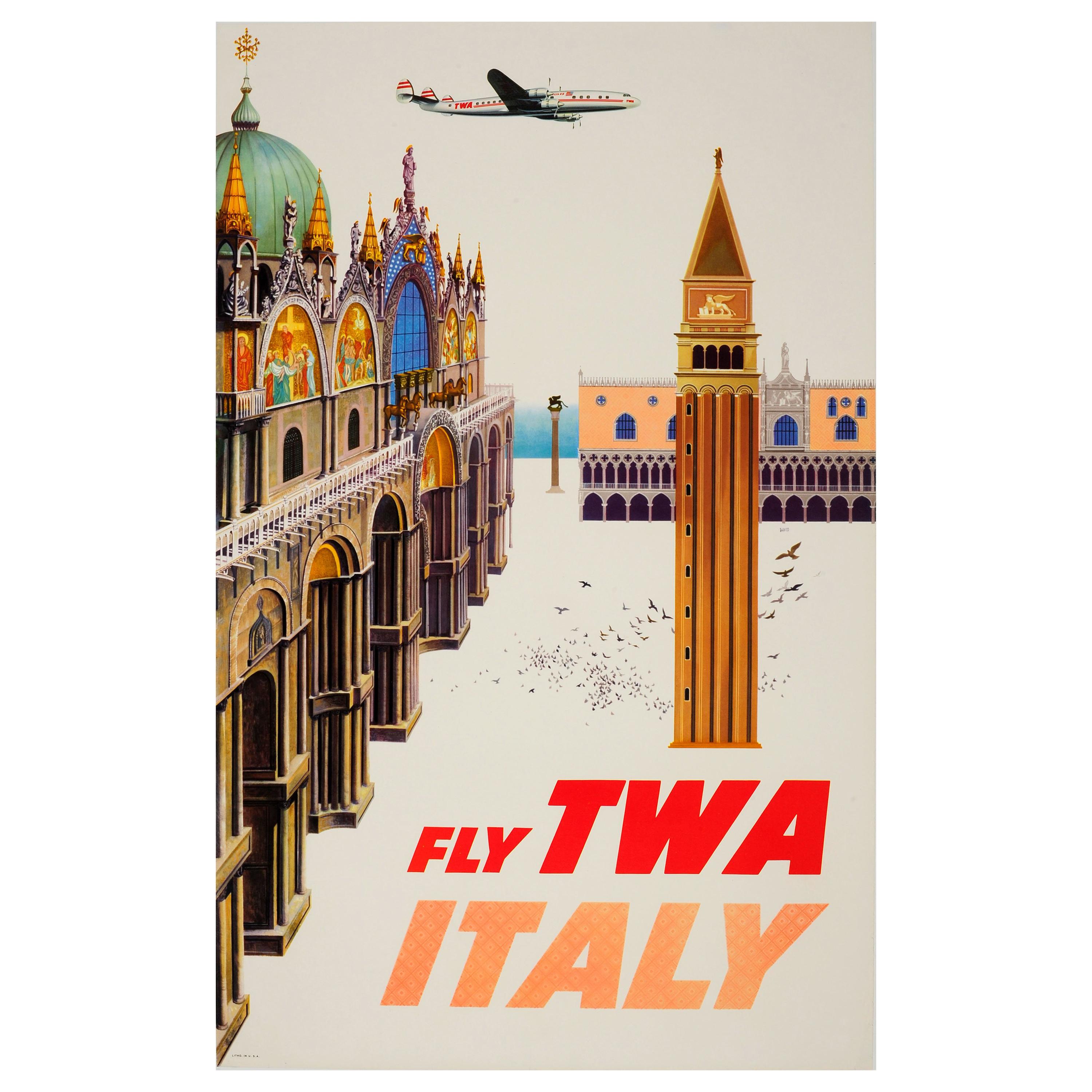 Original Vintage Airline Travel Poster Fly TWA Italy Ft San Marco Venice View
