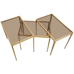 Retro Set of Three Brass and Glass Nesting Tables by Münchner Werkstätten