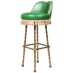 Horton Bar Stool, Upholstered Leather with Hand Twisted Solid Brass Base