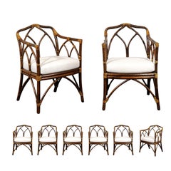 Chic Restored Set of 8 Modern Arm Dining Chairs by McGuire, circa 1975