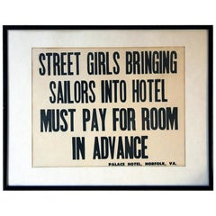 Vintage Printed Notice for the Palace Hotel, Virginia USA, Street Girls and Sailors