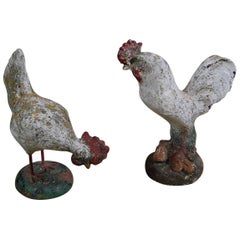 Antique Pair of Early 20th Century Weathered Chicken Garden Statues