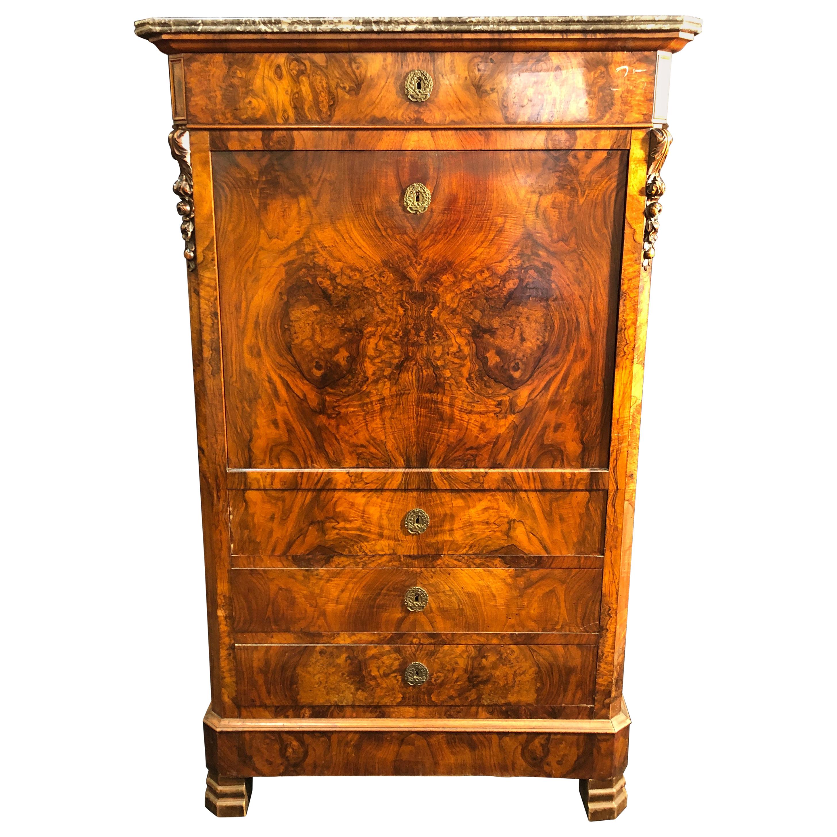 19th Century France Louis Philippe Walnut Secretaire Marble Top, 1840s