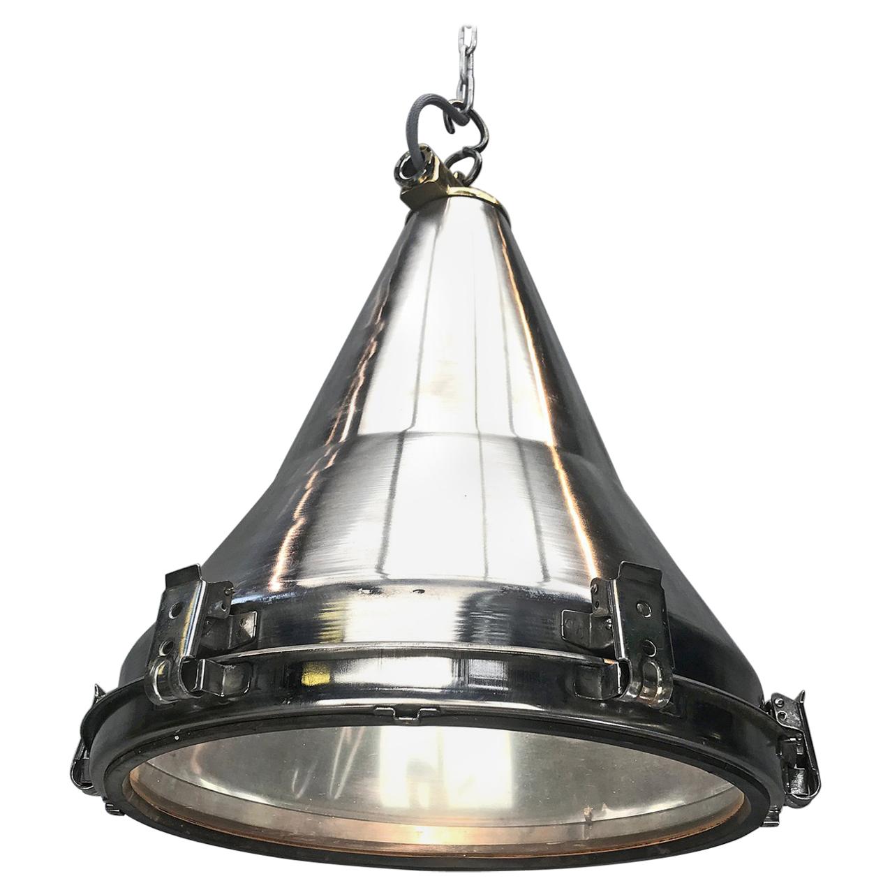 Late Century Korean Stainless Steel, Brass and Glass Conical Flood Light Pendant