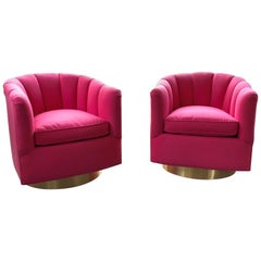 Pair of Channel Tufted Swivel Club Chairs in the Manner of Milo Baughman