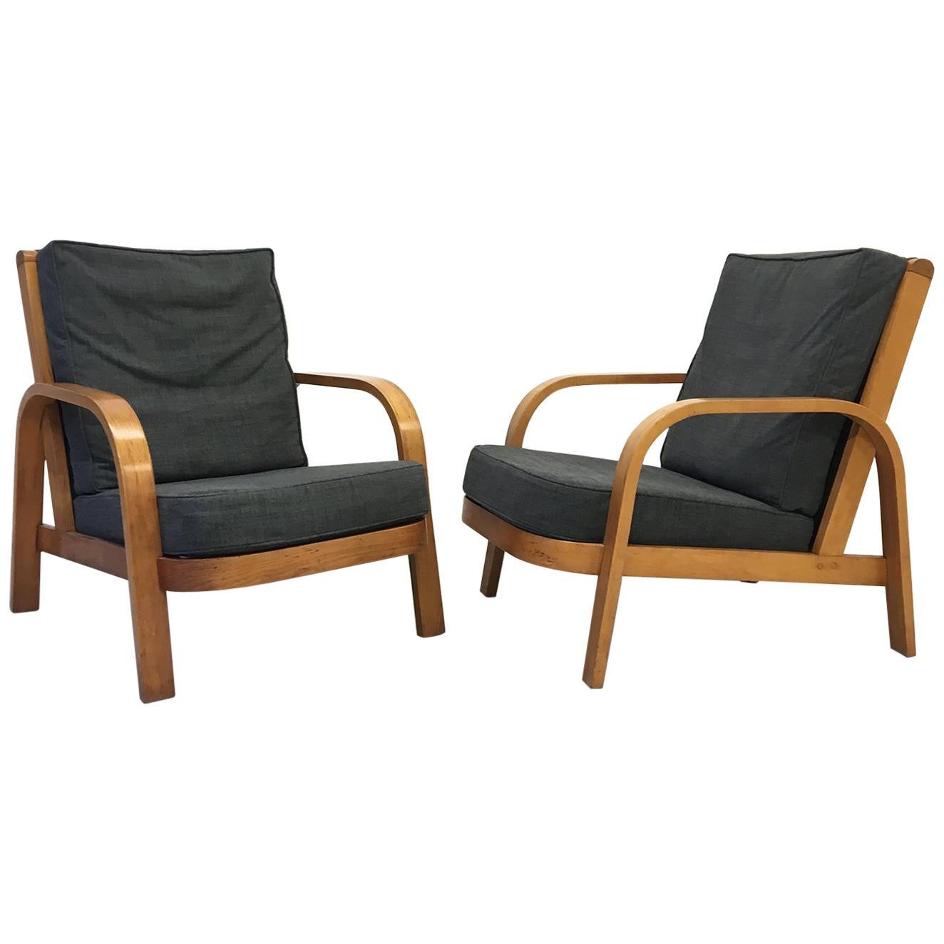 Pair English Modernist 1930s Bentwood ‘Lamda’ Lounge Chairs by Heckroth Art Deco