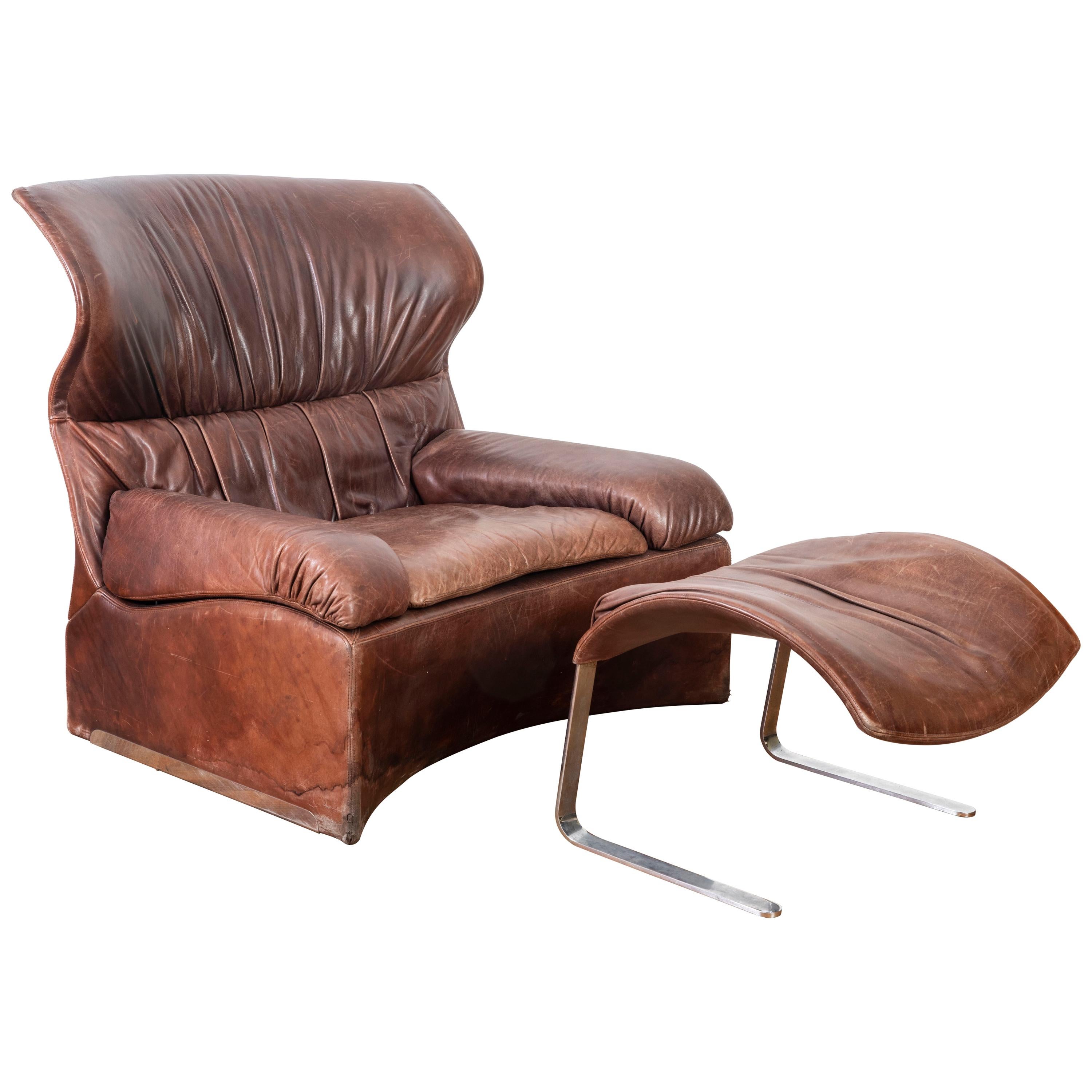 Giovanni Offredi Italian Cognac Leather Lounge Chair with Footstool for Saporiti For Sale