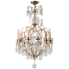 Antique French Late 19th Century Crystal 12-Light Chandelier with Brass Armature
