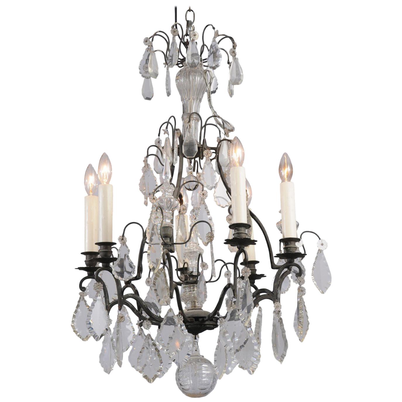 French 19th Century Crystal and Iron Six-Light Chandelier with Pendeloques For Sale