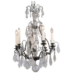 Antique French 19th Century Crystal and Iron Six-Light Chandelier with Pendeloques