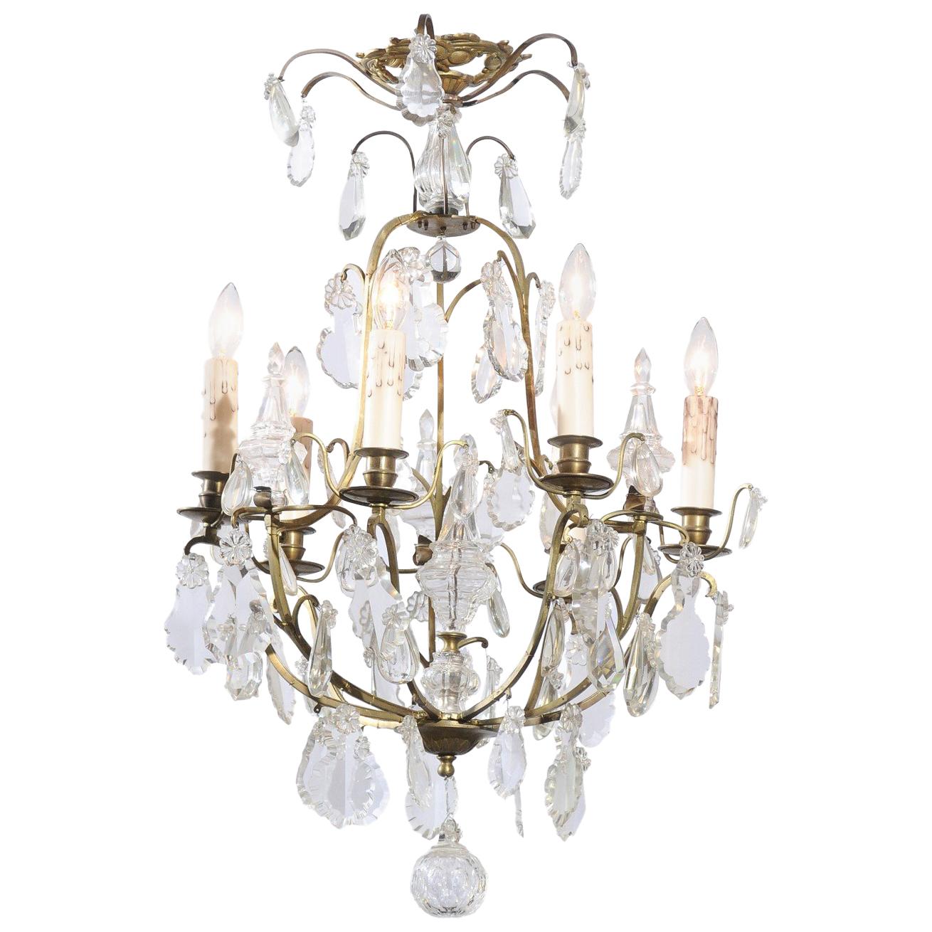 French 19th Century Six-Light Crystal Chandelier with Scrolled Brass Armature
