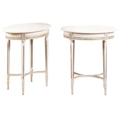 Pair of Swedish 1950s Gustavian Style Painted Oval Side Tables with Guilloches