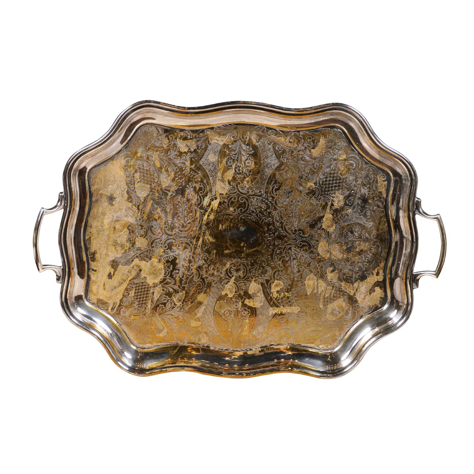 English 19th Century Silver Plate Tray with Chased Décor and Lateral Handles